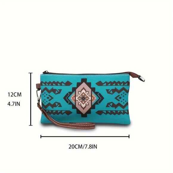 Bohemian Canvas Tote Bag Turquoise Aztec Print Set with Wristlet NWT Ethnic - Picture 5 of 8